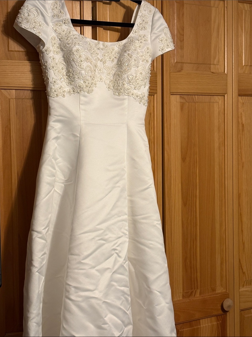 Ivory Satin A-Line Dress with Embroidered Bodice detachable train. Scalloped bac